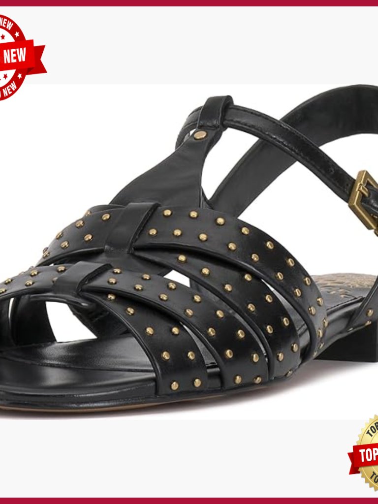 Leather T-Strap Flat Sandals With Studs, Buckle Closure, Padded Insole